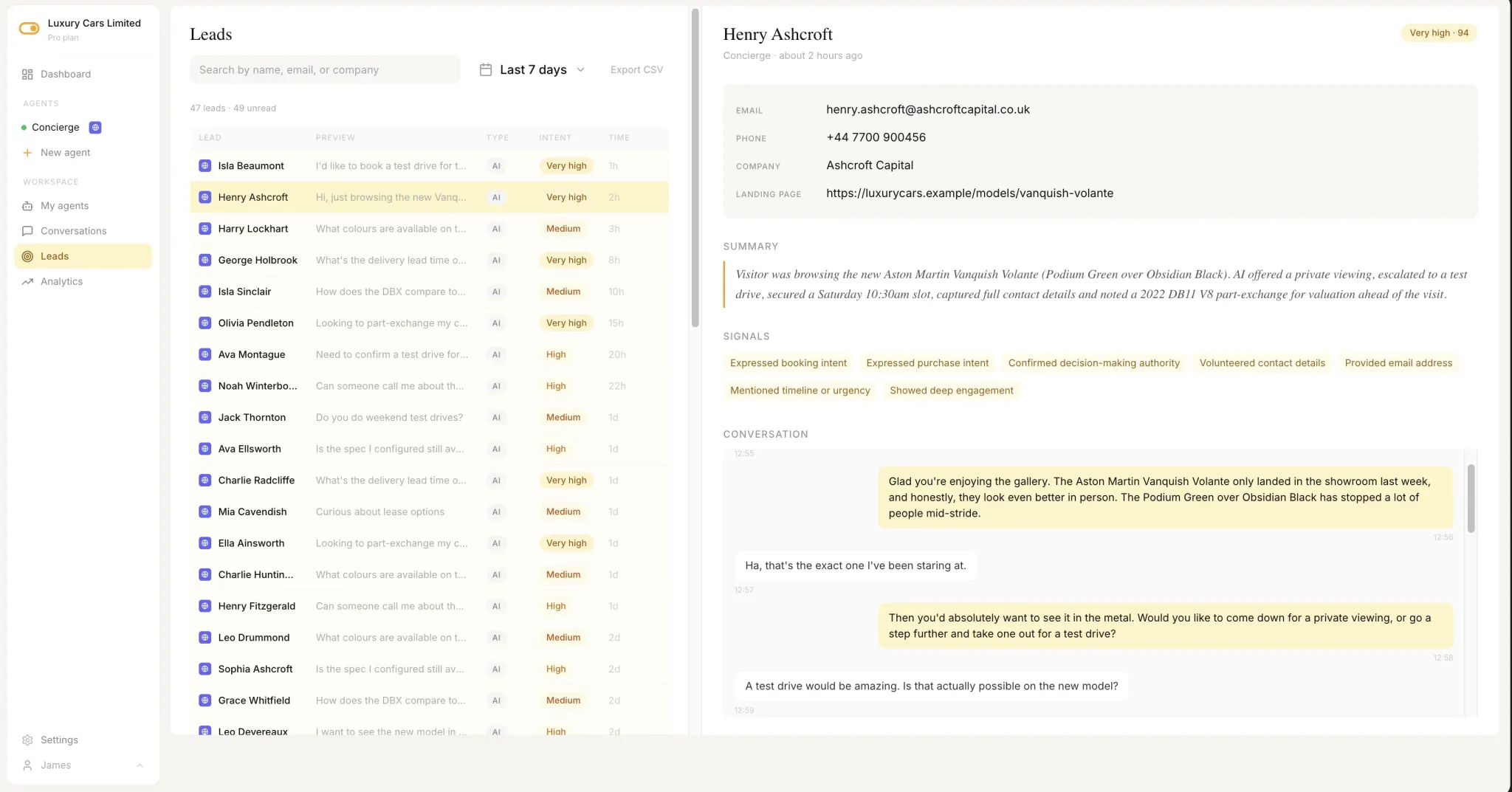 The Glowable platform: inbound leads ranked by intent, each with a full conversation, summary, and contact details